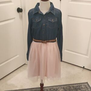 Zunie Girl's Denim with Pink Tulle Skirt Belted Dress size 12